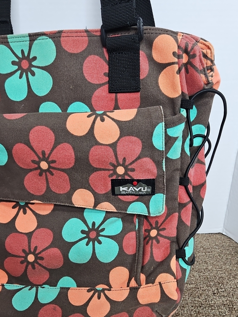 Kavu ShoulderComputer Tote Bag Floral Brown Pattern 13x15 - Picture 2 of 7